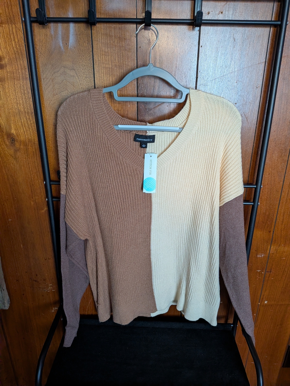 Portmans Two-Tone V-Neck Ribbed Sweater - Brown & Cream
